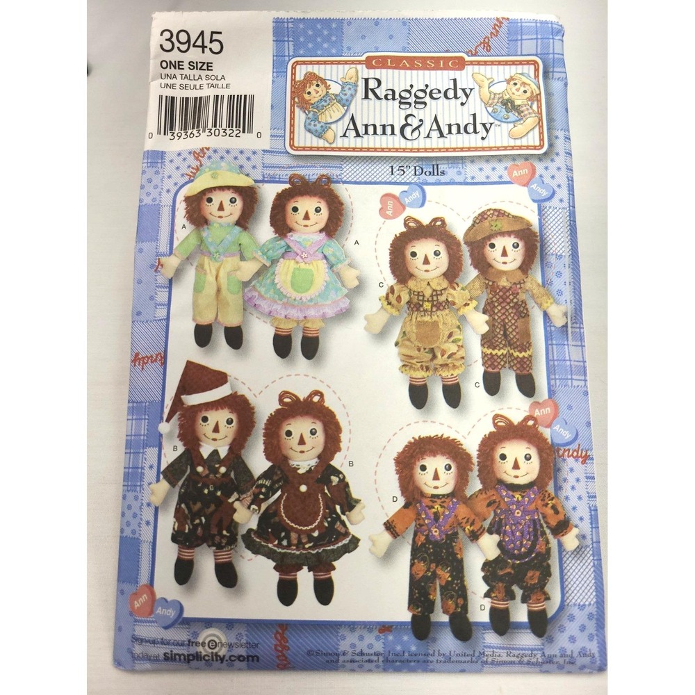 Classic Raggedy Ann & Andy Doll Sewing Pattern by Simplicity No. 3945 - Uncut